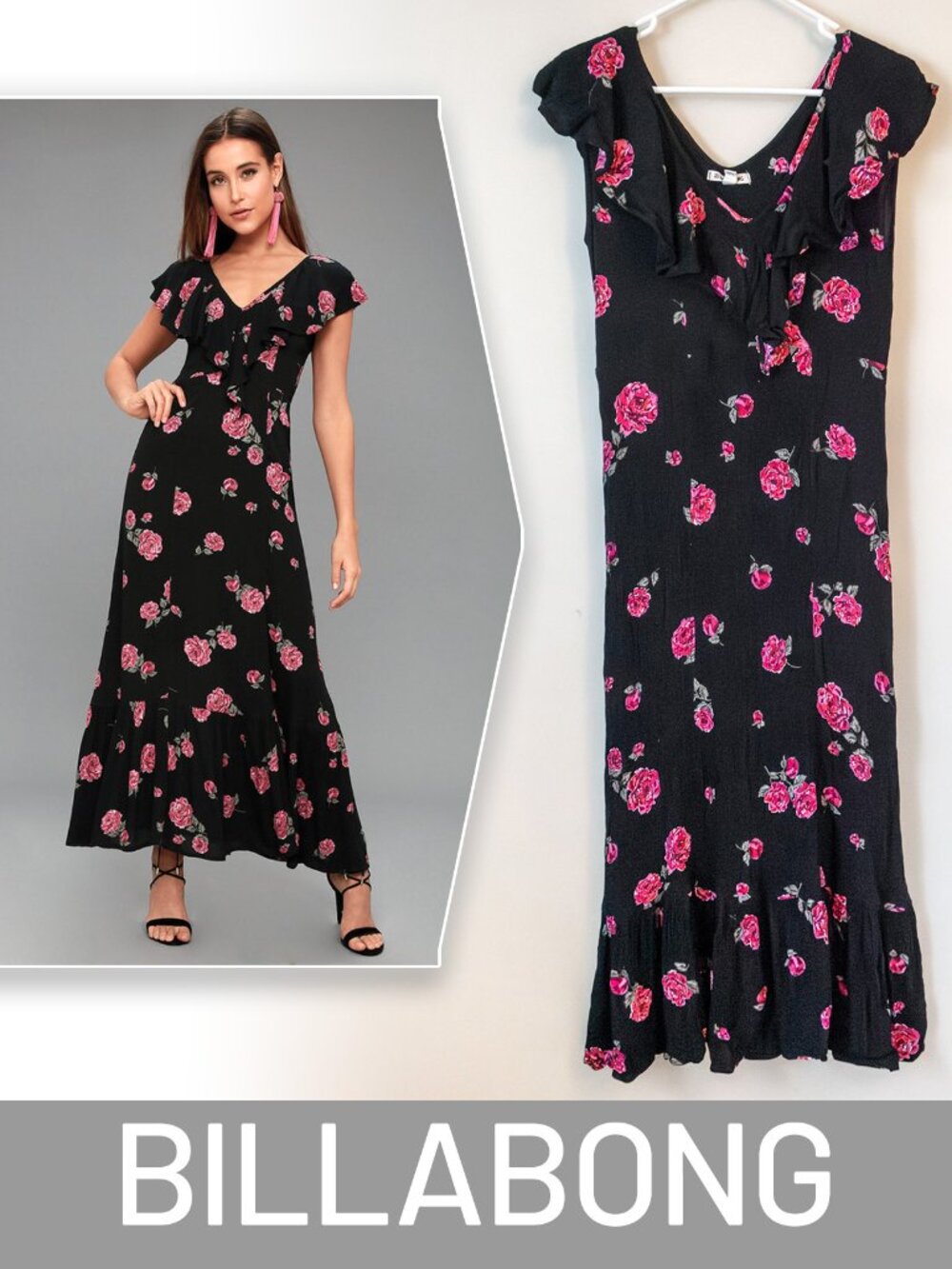 Billabong Dress | Southern Border | Black & Pink Floral Print | Medium